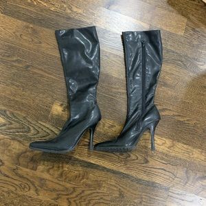 Black Faux Leather Knee High Boots